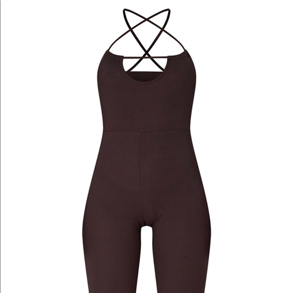 Chocolate Ribbed Cross Front Jumpsuit - Picture 3 of 3